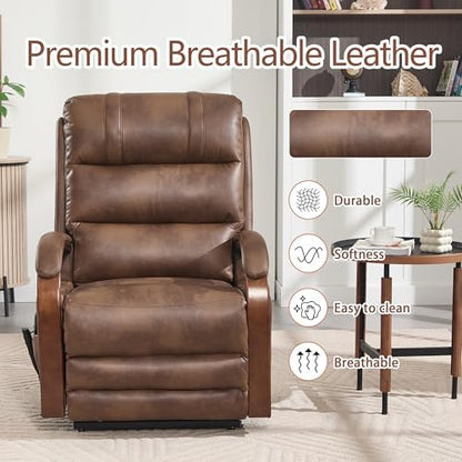 Power Lift Recliner Chair for Elderly People, Dual Motor Lift Chair with Vibration Massage and Heat, Lay Flat Recliner with Solid Wood Armrest, Standing Assistance Reclining, Faux Leather Brown