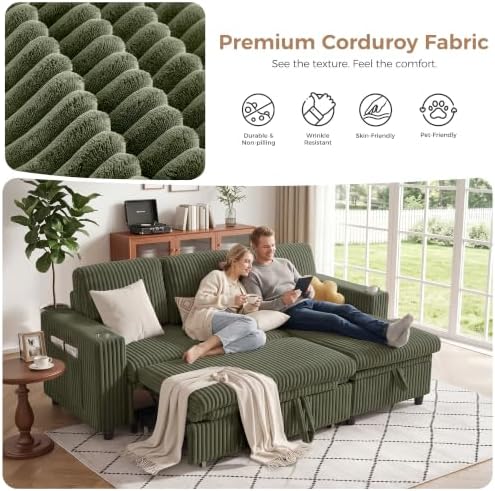 82.5" Pull Out Sleeper Sofa Bed with Storage Chaise, Green