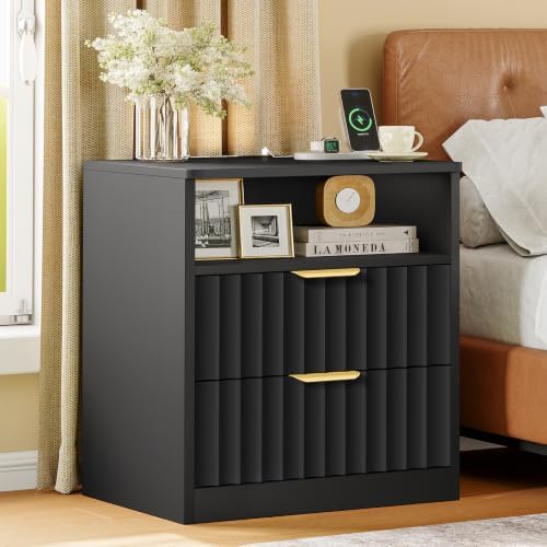 Fluted Nightstands Set of 2, Night Stand with Charging Station and LED Light, Nightstand with Storage Drawer and Open Shelf, Bedside Table for Small Space, Bedroom, Black