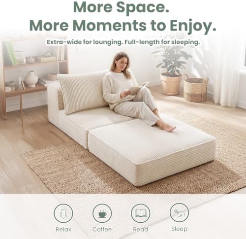 Oversized Corduroy Folding Sofa Bed with Pillow,Convertible Foam Futon Floor Lounge Chair,Single Size Fold‑Out Sleeper Couch,No Assembly for Bedroom,Reading Nook, Studio,Beige