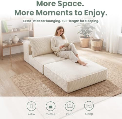 Oversized Corduroy Folding Sofa Bed with Pillow,Convertible Foam Futon Floor Lounge Chair,Single Size Fold‑Out Sleeper Couch,No Assembly for Bedroom,Reading Nook, Studio,Beige