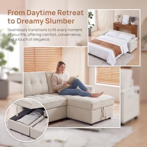 71" L Shaped Queen Pull Out Sofa Bed with Storage, USB Port, Beige