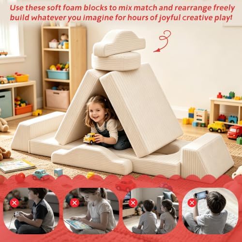 Urban Deco Modular Kids Play Couch, 12-Piece Versatile Foam Toddler Couch with Corduroy Removable Cover, Beige