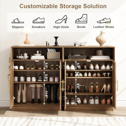 Set of 2 Rattan Shoe Storage Cabinet with Arched Doors