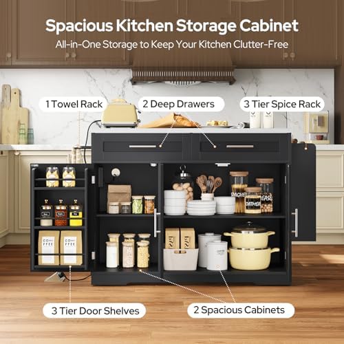 56'' Rolling Kitchen Island with Seating and Stainless Steel Countertop, Folding Drop Leaf, Bar Stool, Power Outlet, Spice/Towel Rack, Black