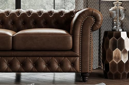 Valencia Parma Chesterfield 3 Seater Sofa 82" | Full Leather | Mid-Century Leather Couch with Classic Button Tufted Back, Wood Legs for Living Room, Chocolate