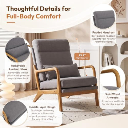 Bonnlo High Back Linen Dark Grey Mid Century Modern Accent Chair, Soild Wood Padding Lounge Armchairs Side Sitting Chairs for Living Room, Bedroom, Guest Room
