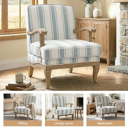 HULALA HOME Farmhouse Striped Accent Chairs Set of 2 with Wood Legs, Blue