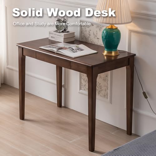 Solid Wood Desk, Gaming Study Home Office Desks for Work, Student PC Desk for Bedroom, Small Computer Desk for Small Spaces, Easy to Assemble (Walnut Color, 39inch)