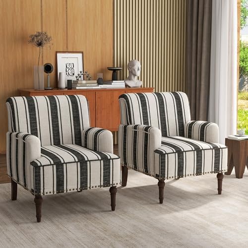 Stripe Accent Chairs Set of 2, Fabric Upholstered Armchair, Black