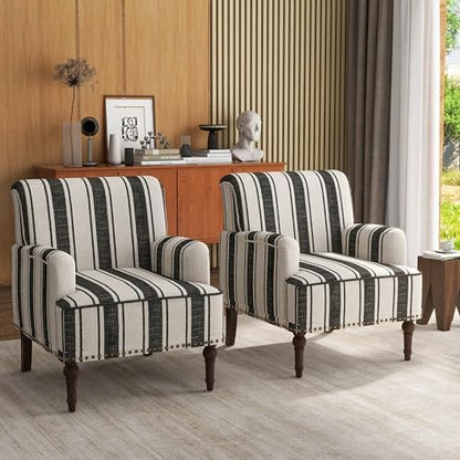 Stripe Accent Chairs Set of 2, Fabric Upholstered Armchair, Black