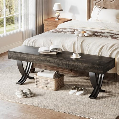 Tribesigns Entryway Shoe Bench, 55-Inch Wooden Shoe Bench with Metal X-Shaped Legs, Industrial Long End of Bed Stool with Seating for Living Room, Bedroom, Hallway, Porch (Oak & Black)