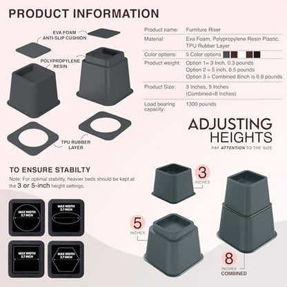 Utopia Bedding Heavy Duty Bed Risers, 3, 5, 8 Inch, Pack of 4, Grey