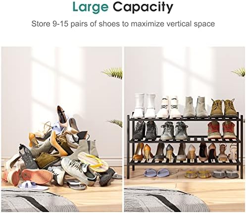 viewcare 3-Tier Long Black Shoe Rack, Bamboo Wood Shoe Rack for Closet, Entryway & Hallway, Stackable | Functional | Sturdy