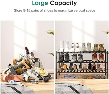 viewcare 3-Tier Long Black Shoe Rack, Bamboo Wood Shoe Rack for Closet, Entryway & Hallway, Stackable | Functional | Sturdy