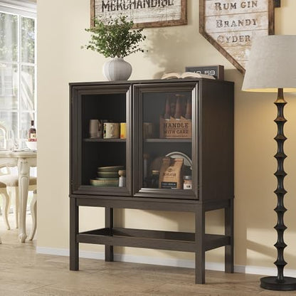 Sideboard Buffet Cabinet with Storage Set of 2, Small Kitchen Coffee Wine Bar Cabinet with Glass Doors, Wood Mid Century Modern Side Board for Living Room, Dark Brown