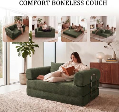 Futon Sofa Bed Modular Loveseat Sleeper Folding Pull Out Couch with Pillows, No Assembly Required Boneless Couch for Living Room Bedroom Guest Room (Green, 59.06" Loveseat Sofa)