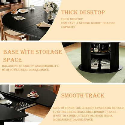 Extendable Round/Oval Dining Table Seats 2-4-6, 63" Modern Farmhouse Design with 2-Tier Storage & Fluted Slide Door, Dining Room Kitchen Furniture (Black, 63 inches)