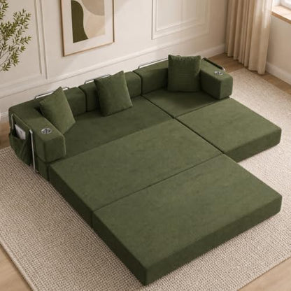 108" Modular Sectional Sofa Bed, L-Shaped Boneless Couch, Green