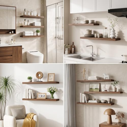 Floating Shelves for Wall, 32W x 8D Floating Wall Shelves with Invisible Brackets Set of 2, Hanging Rustic Wood Shelf Decoration for Bedroom, Bathroom, Living Room and Kitchen, Walnut