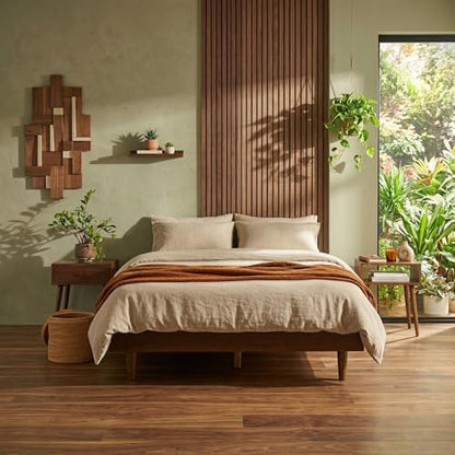 Fly Wooden Bed Frame Without Headboard, Crafted from Walnut, Rubber Wood with Silent Slats and Wood Central Supports, 1000 Lb Capacity, Effortless Assembly, Queen - Dark Walnut