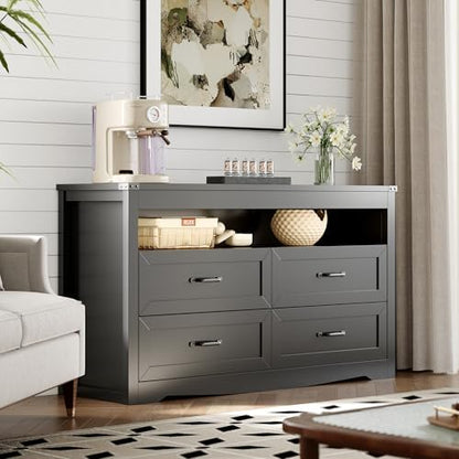 Dresser for Bedroom with LED Lights, 4-Drawer Black Chest of Drawers