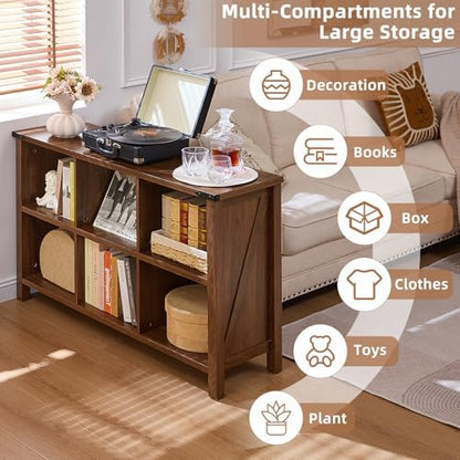 Joaxswe Farmhouse 6 Cube Book Shelf, Wood 3 Tier Storage Organizer Bookshelf, Brown Walnut 47" Horizontal Cubby Bookcase with Legs, Rustic Entryway Book Case, Long Display Cabinet for Bedroom, Office