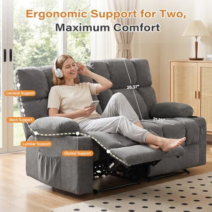 Oversized Fabric Reclining Loveseat Sofa for Living Room with Cup Holders