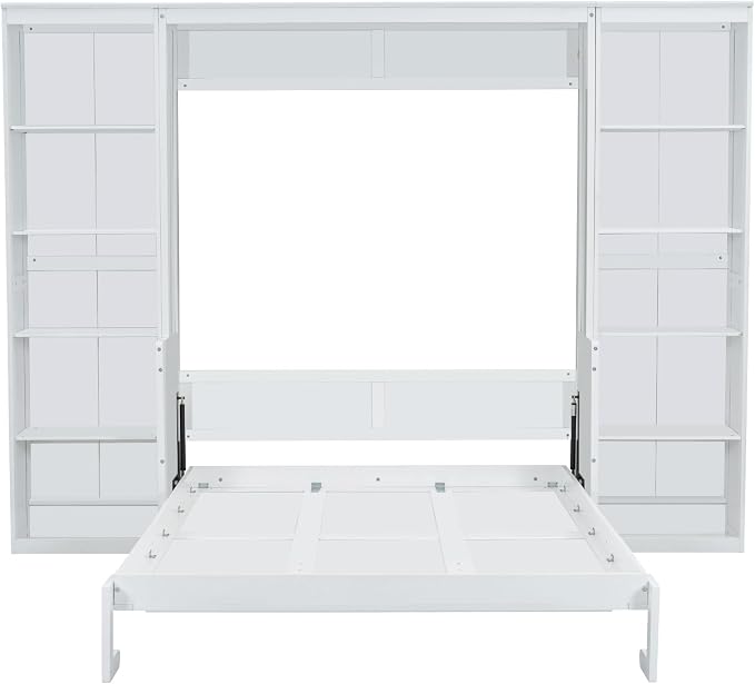 MERITLINE Queen Murphy Bed with Desk and Storage Bookcase,Wood Murphy Wall Bed Cabinet with with Storage Shelves Cabinet for Adults (Queen,White)