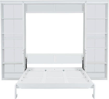 MERITLINE Queen Murphy Bed with Desk and Storage Bookcase,Wood Murphy Wall Bed Cabinet with with Storage Shelves Cabinet for Adults (Queen,White)