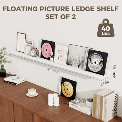 Picture Ledge Shelf, 40'' White Floating Shelves with Lip Set of 2