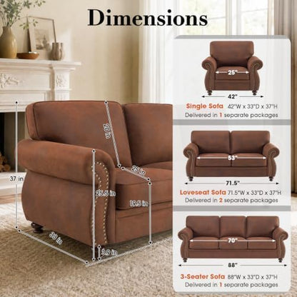 Couchus 2-Piece Sofa Set, 77" Loveseat, 42" Armchair, Caramel Rust