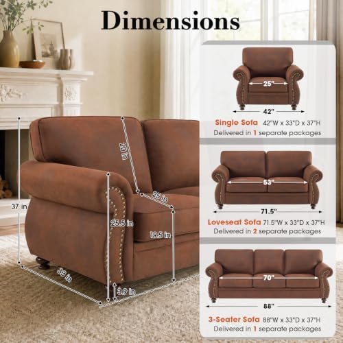 Couchus 2-Piece Sofa Set, 88" 3-Seater, 77" Loveseat, Caramel Rust