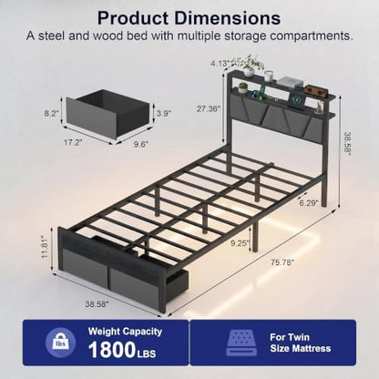 Twin Bed Frame with Storage Drawers & LED Lights, Metal Platform Bed with Charging Station and Upholstered Headboard, 2-Tier Storage Shelf, Noise Free, No Box Spring Needed