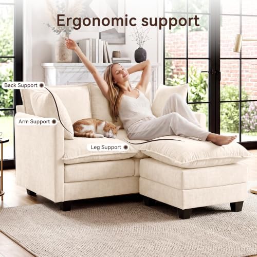 50" Loveseat Sofa with Ottoman, Cloud 2-Layer Cushion & 27" Deep Seat, Modern Love Seat Small Couch with 2 Washable Pillows for Small Spaces, Bedroom, Apartment, Office, Living Room, in a Box, Beige
