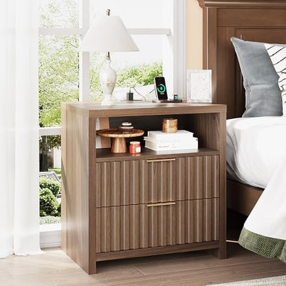VINGLI Fluted Nightstand with Charging Station, 23.6" W Mid Century Modern Nightstand for Bedroom, 2 Drawer Bedside Table, End Tables Bedroom, Wood Side Table, Brown