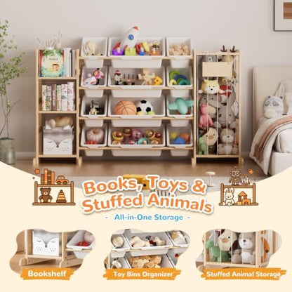 Toy Storage Organizer with Stuffed Animal Storage, Playroom Toy Organizer with 12 Toy Bins for Bricks, Toy Holder for Toddler Rooms, Playrooms, Bedrooms