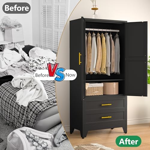 71" Metal Armoire Wardrobe Closet, Tall Clothing Storage Cabinet, Black