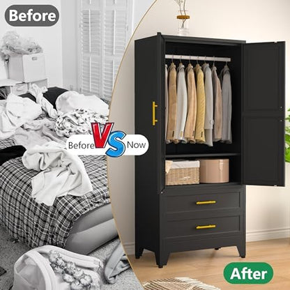 71" Metal Armoire Wardrobe Closet, Tall Clothing Storage Cabinet, Black