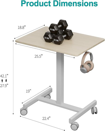 18.9*25.6 inch Mobile Standing Desk,T Shaped Pneumatic Adjustable Height Stand Up Desk,with Lockable Wheels,Ergonomic Standing Side Table for Home Office Work Computer Workstation MAPLE+WHITE