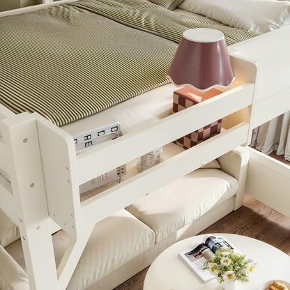 Solid Wood Full Size Loft Bed Frame with Stairs, Built-in Wardrobe and Storage Space, Full Loft Bed with Shelves, Full-Length Guardrails, No Box Spring Needed for Bedroom, Beige