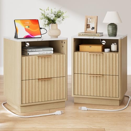 Fluted Nightstand Set of 2 with Charging Station, 2 Drawer Night Stand with Faux Marble Top & Curved Corners, FSC-Certified Wood, 18" Modern End Table, Natural Oak Bedside Table for Bedroom