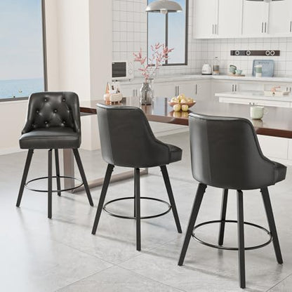 VINGLI 26" H Swivel Barstools Set of 1, PU Leather Upholstered Counter Stool with Back, Kitchen High Chairs Counter Height Bar Stools with Cushion, Solid Wood Legs, Black
