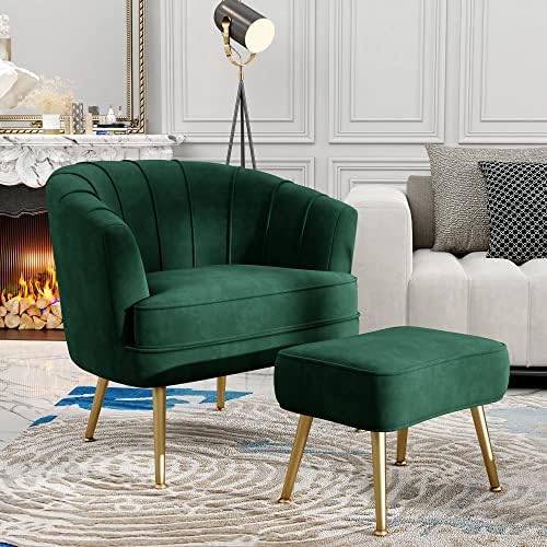 Andeworld Velvet Accent Chair with Ottoman, Barrel Armchair, Green