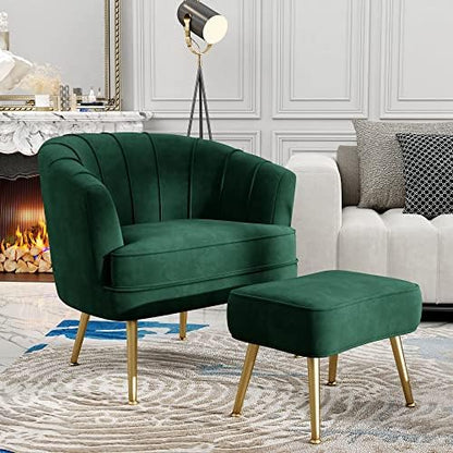 Andeworld Velvet Accent Chair with Ottoman, Barrel Armchair, Green
