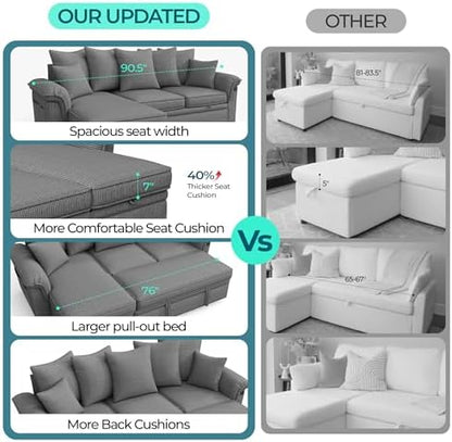 LINSY HOME Sectional Couch with Pull Out Bed, Large Corduroy Modular Sleeper Sofa, Storage Chaise, Wide Armrest, 90" 3 Seats Sectional Couch for Living Room, Dark Grey