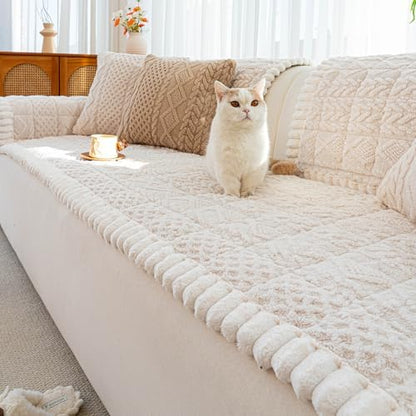 Sofa Pad, Plush Couch Cover Washable for Pet, Non-Slip Warm Couchs Cover, Funny Fuzzy Pet Couch Covers for Sofa, Sofa Slipcovers Furniture Covers for L Shaped(Beige White 27.5"x 82.7")
