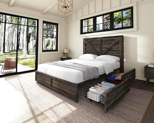 AMERLIFE Full Size Farmhouse Bed Frame with 4 Drawers & Barn Door Headboard
