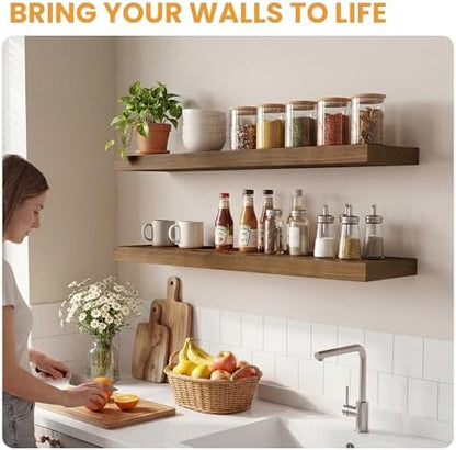 Wood Floating Shelves Set of 2, Rustic Pine Wood Floating Shelves for Wall Mounting, Wide Wall Shelf for Home Decor and Storage, 36" W x 7" D, Light Walnut