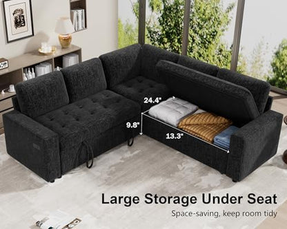 WEUP 5 Seat L Shaped Sectional Sleeper Sofa Bed with Pull Out Bed, Chenille Sectional Sleeper Couch with Adjustable Backrest, USB Ports & Storage Seat, Tool-Free Assembly, Chenille Black